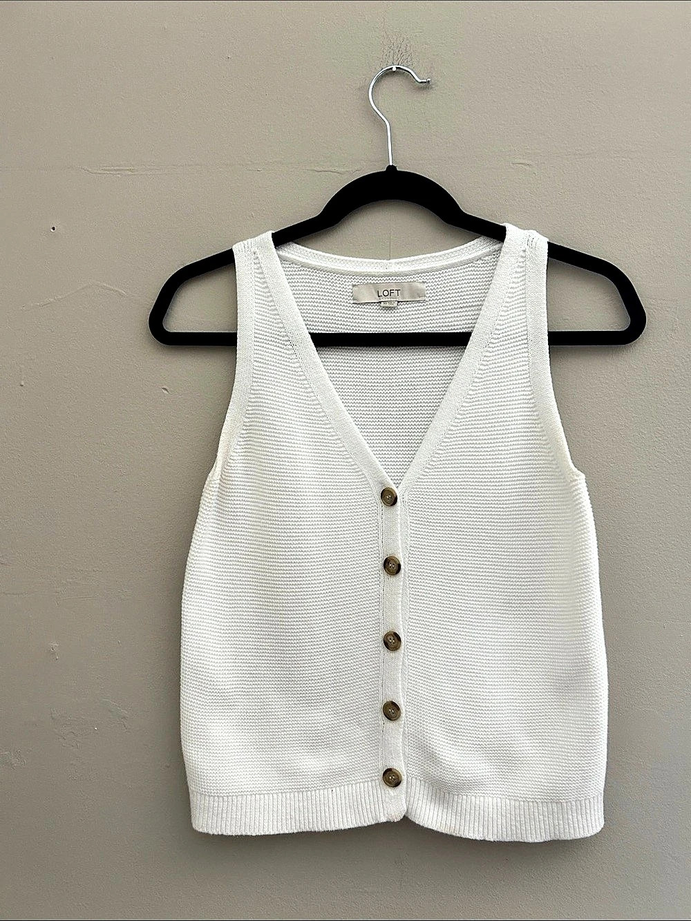 LOFT Button Front Ribbed Sweater Tank White Medium
